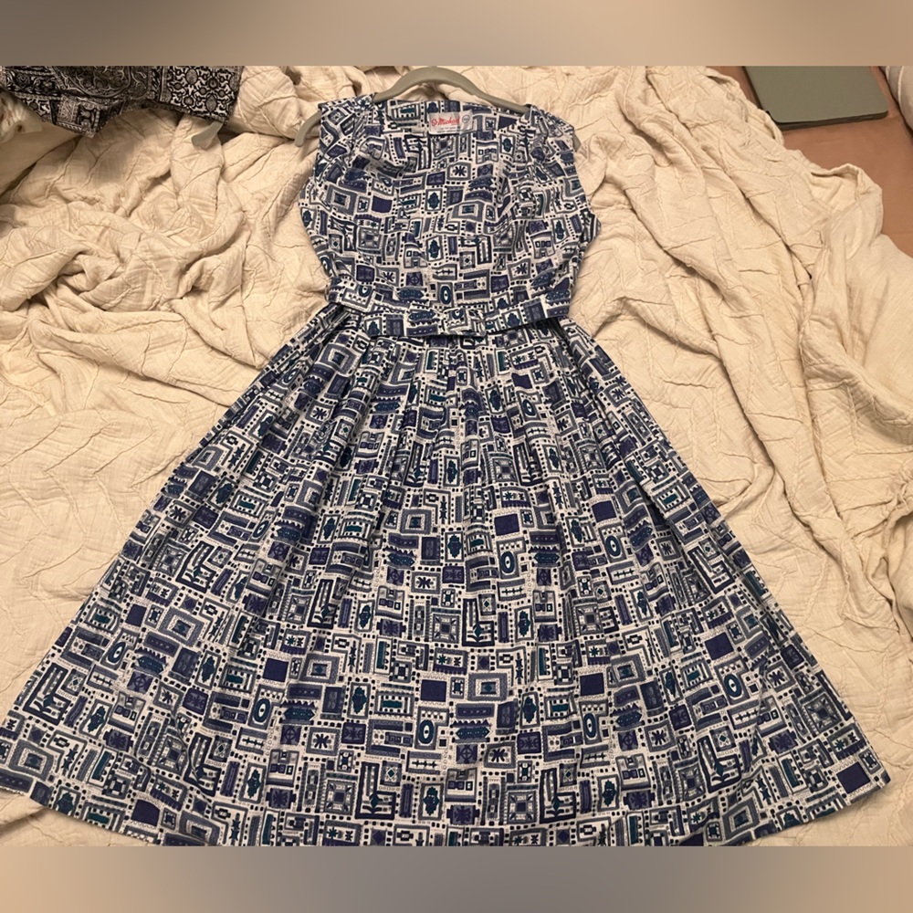 60s Vintage St Michael Geometric Pattern Belted Dress Blue white Medium